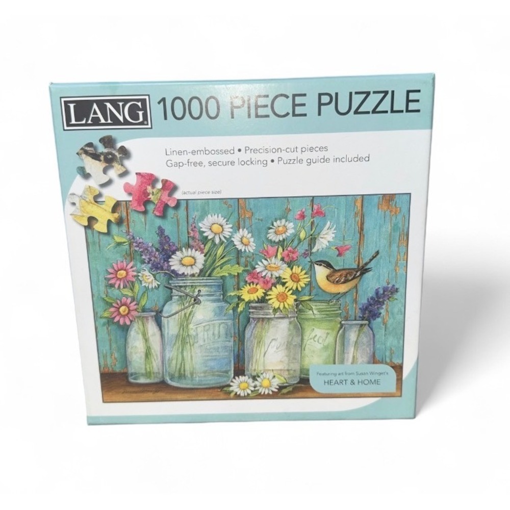 LANG 1000 Piece Jigsaw Puzzle Mason Flowers Bird Jar Rustic Wood Grain Art 29x20